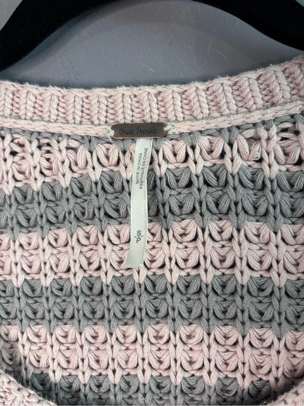 Free People Pink Gray Striped Chunky Knit Cotton Scoop Neck Sweater Small
